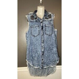 Thrill Jeans Moto Biker Sleeveless Button Front Faux Denim Shirt Size 1X